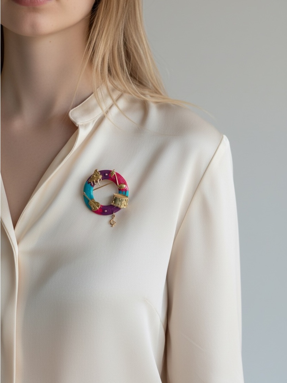 10/7 Colorful Enamel Ring Brooch with Gold Accents - Pink & Teal